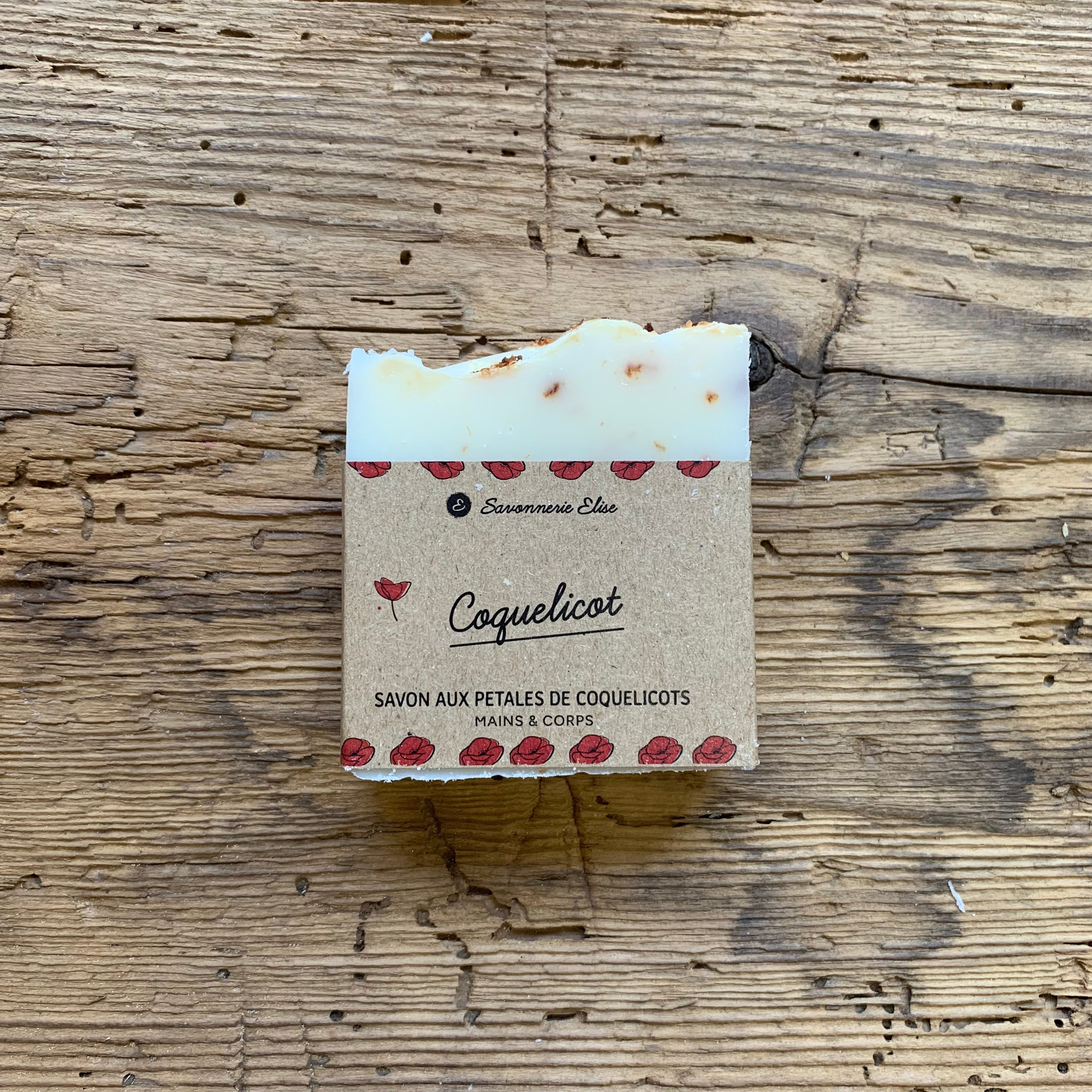 Savon solide artisanal au coquelicot et beurre de karité, soin lavant doux sans huile essentielle pour toute la famille, fabriqué par la Savonnerie Elise