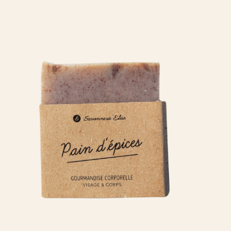 Savon solide artisanal Pain d'Épices au miel, orange et cannelle, savon gourmand naturel fabriqué par la Savonnerie Elise en France.