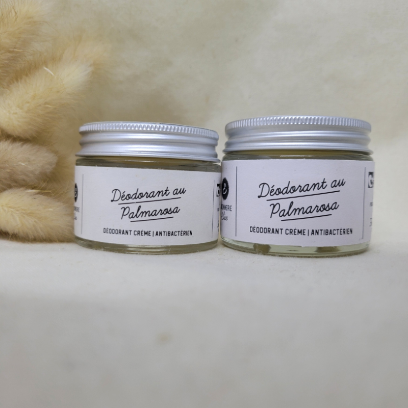 Déodorant baume au bicarbonate pour neutraliser les odeurs de transpiration, soin naturel à l'huile essentielle de Palmarosa apaisante