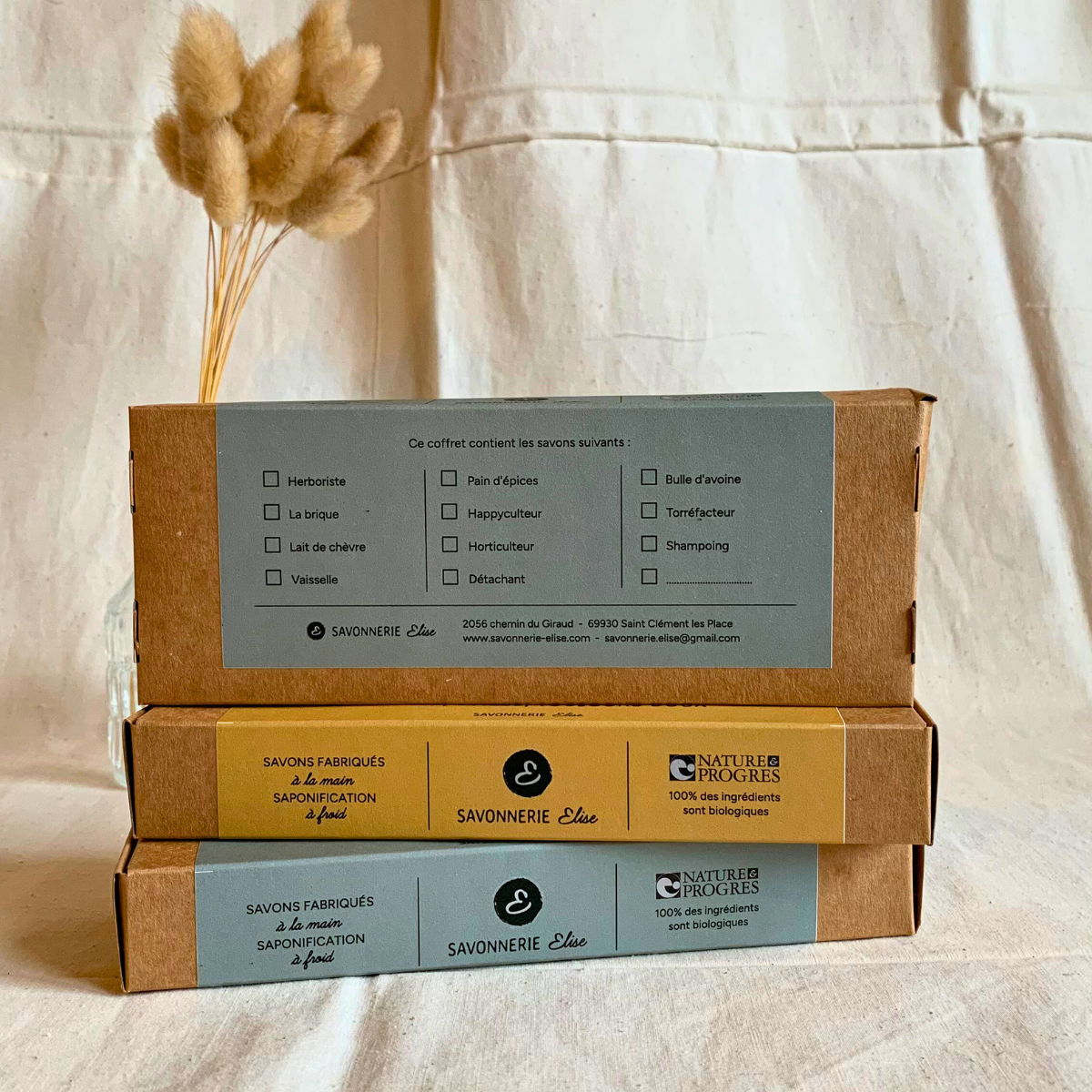 coffrets de 3 savons solides biologiques - un cadeau ethique et durable - fabriqué en france. 